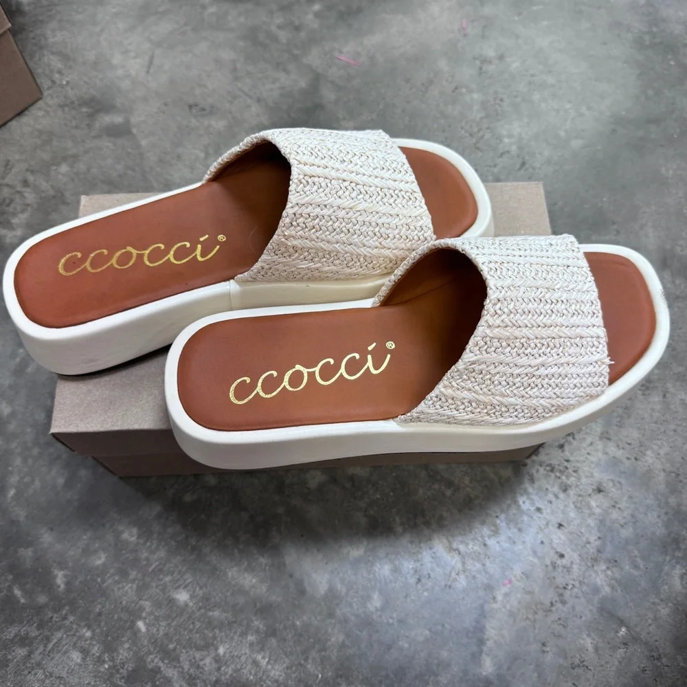 Beige Woven Slide Sandals - Picture 2 of 4